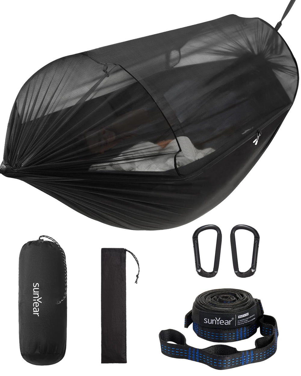 Sunyear camping hammock net assembly shows quick, tool-free setup for outdoor rest.