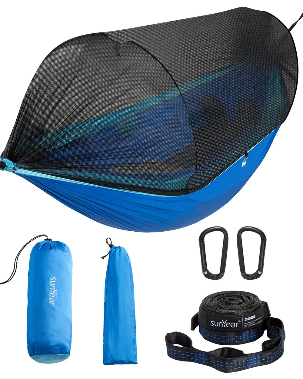 Sunyear camping hammock with net setup demonstrates fast, easy assembly outdoors.