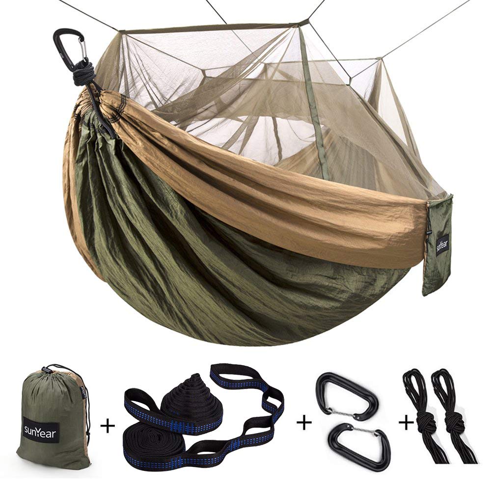 Sunyear Camping Hammock package shows included straps and carabiners for quick setup.