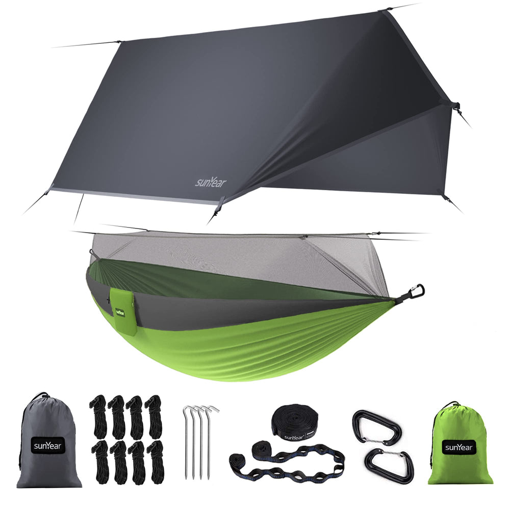 Sunyear camping hammock rain-fly setup protects you from wind and rain during outdoor trips.