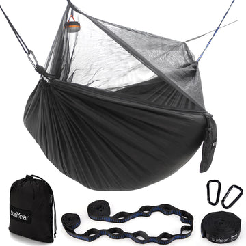 Sunyear hammock netting setup demonstrates quick, tool-free installation for camping trips