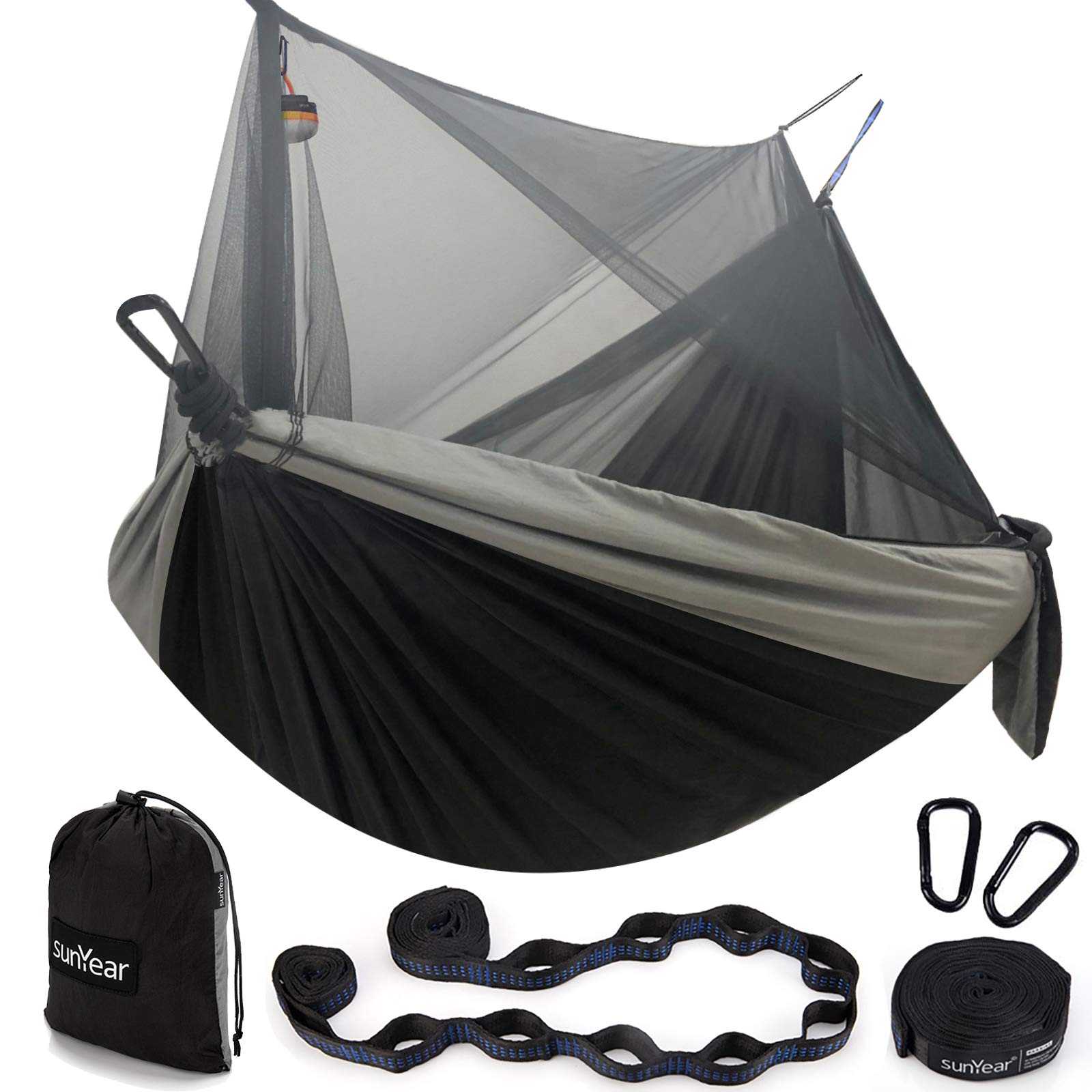 Sunyear hammock netting setup demonstrates quick installation and insect protection.