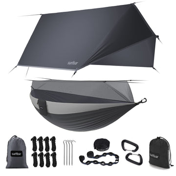 Sunyear hammock with rain fly setup shields against rain and wind