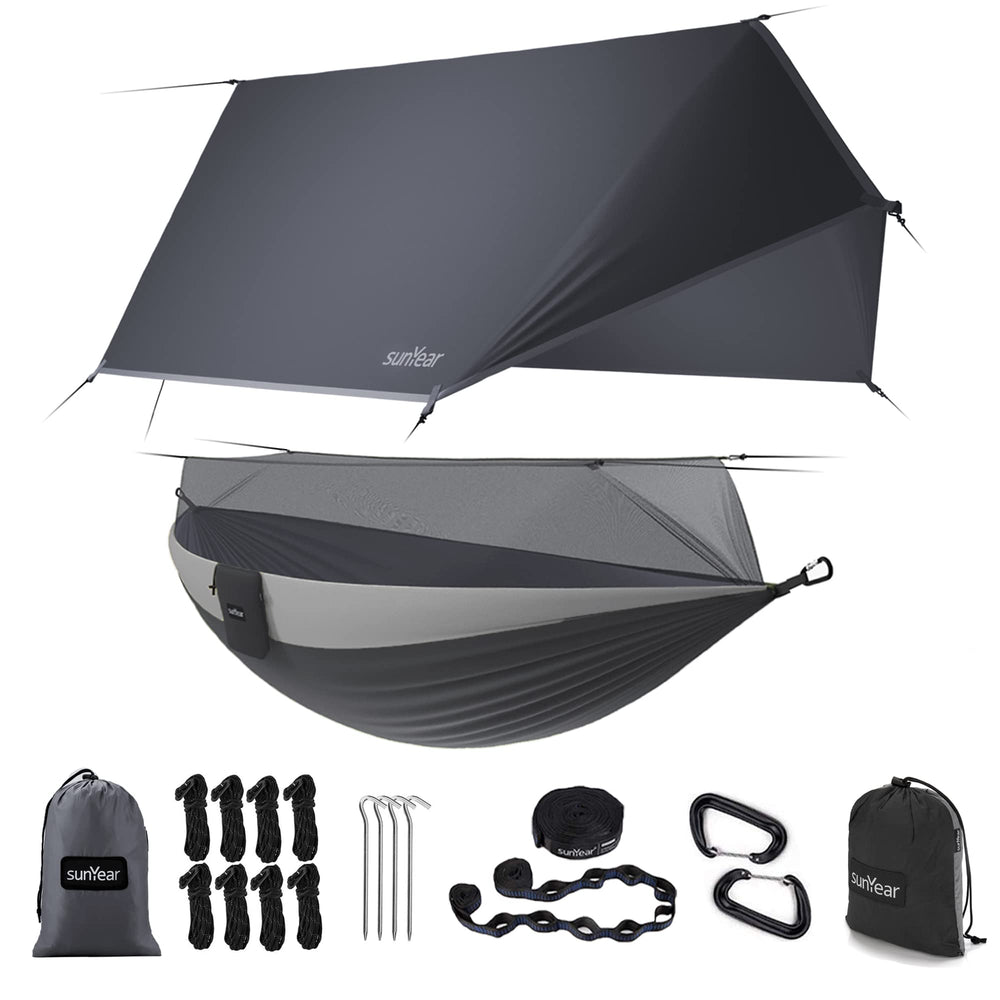 Sunyear hammock with rain fly setup shields against rain and wind