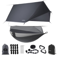 Sunyear hammock with rain fly setup shields against rain and wind