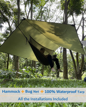 Sunyear-netting-hammock highlights breathable insect netting for bug-free lounging in nature.
