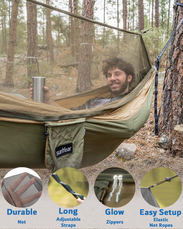 Sunyear-tree-saver-straps illustrate adjustable setup across varying tree sizes for secure hanging.
