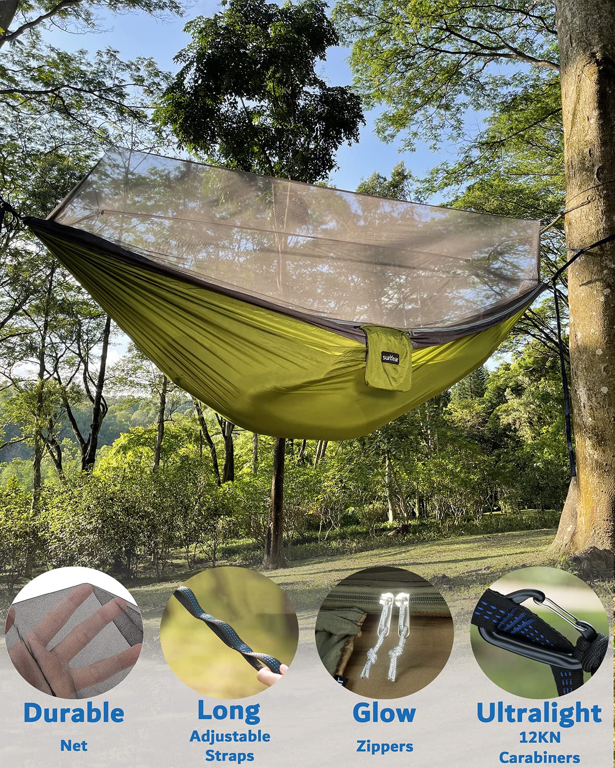 Sunyear waterproof tarp highlights 3000mm PU waterproofing for stormy weather.