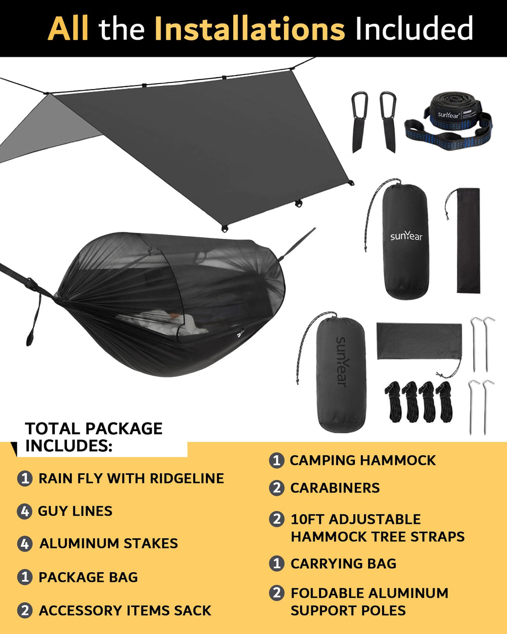 Sunyear camping hammock lightweight pack highlights easy carry during hikes