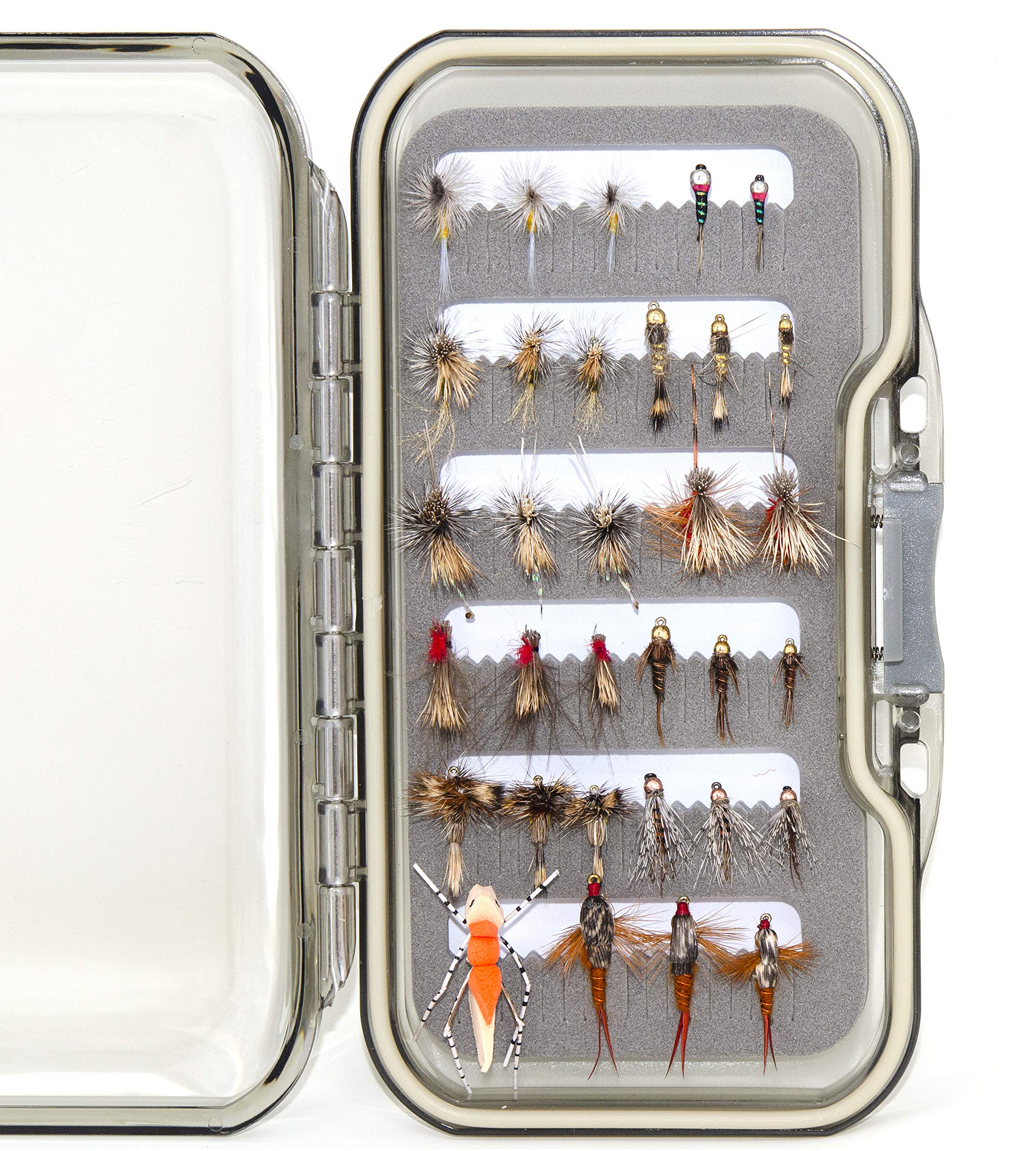 Close-up of the Superbe Flies box showing premium hooks and diverse trout patterns