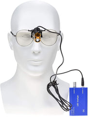 Superdental protable LED head light with binocular loupe clip for precise illumination.