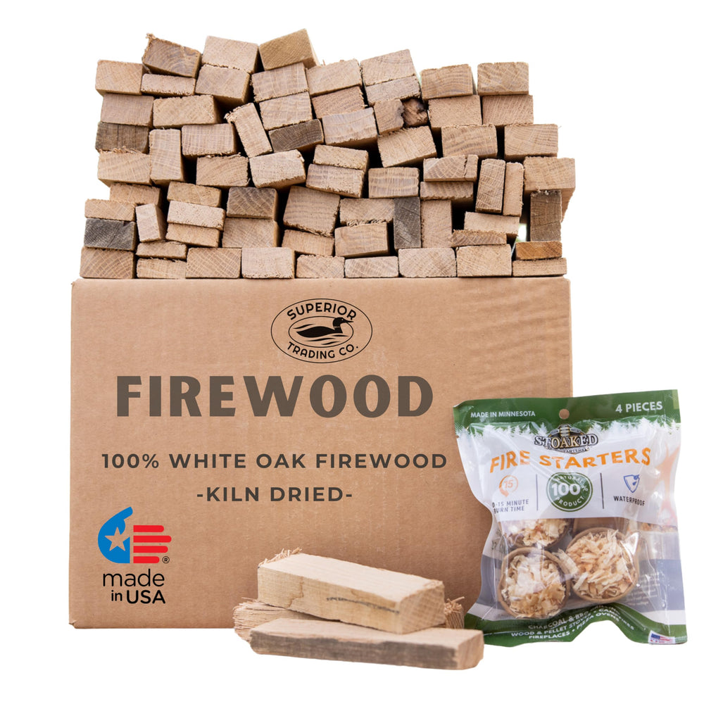 Superior Trading Co. oak mini firewood box closed for tidy storage and quick ignition prep.