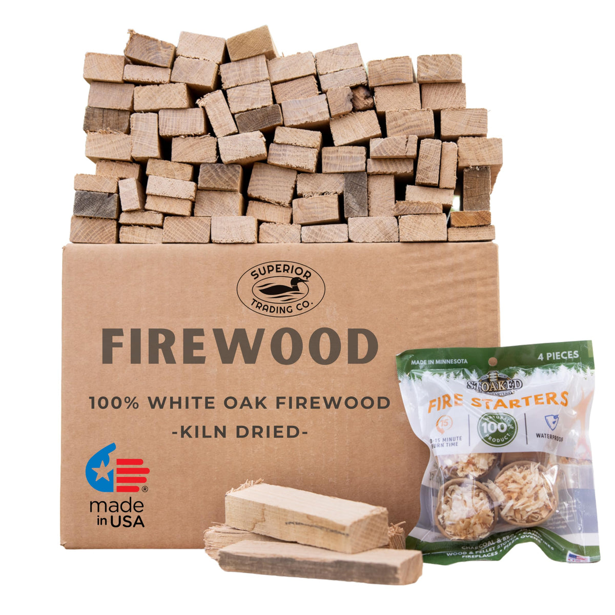 Superior Trading Co. oak mini firewood box closed for tidy storage and quick ignition prep.
