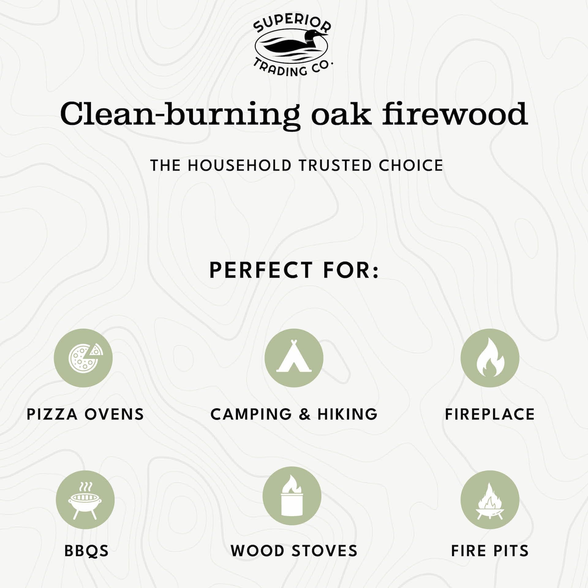 Superior Trading Co. oak mini firewood kiln dried label indicates clean, efficient burn.