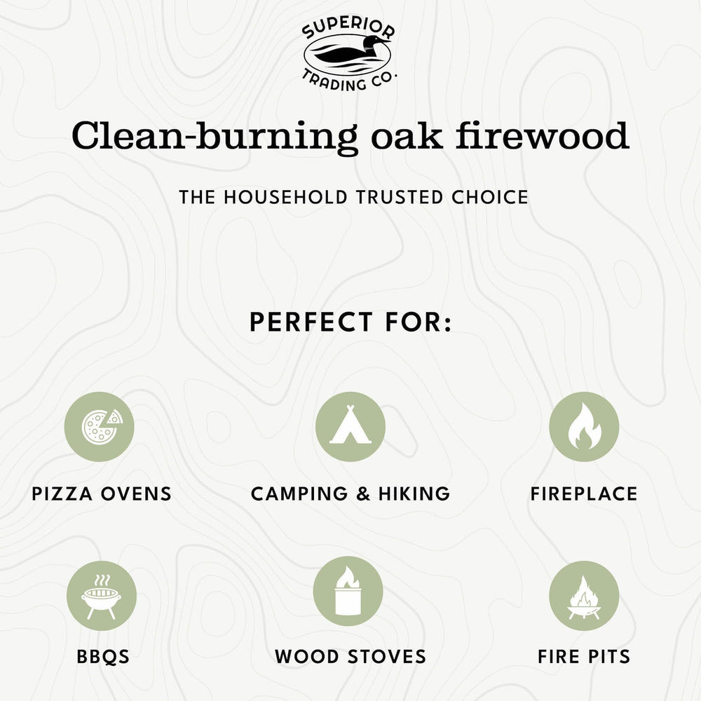 Superior Trading Co. oak mini firewood kiln dried label indicates clean, efficient burn.