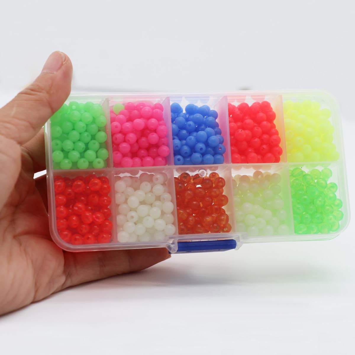Beads about 5 mm with larger hole for threading fishing line