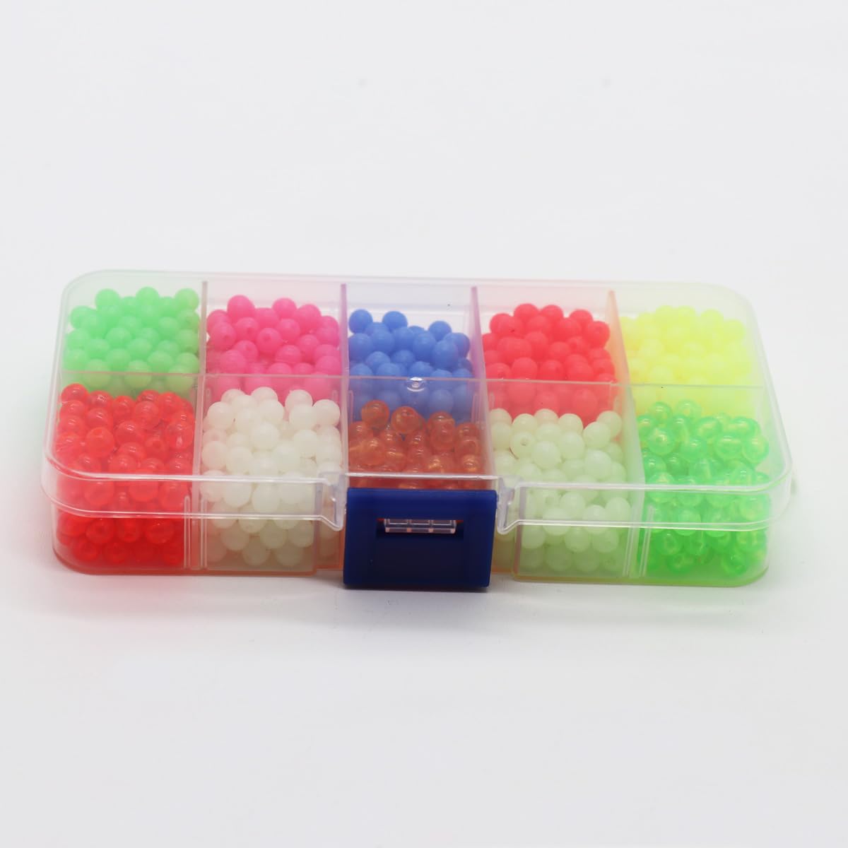 Display of floating hard plastic fishing beads in tackle setup