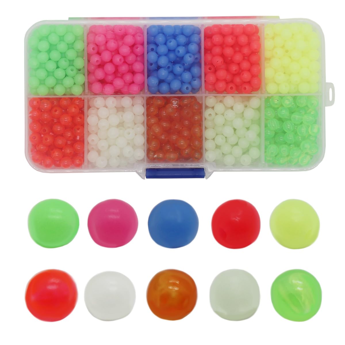 Close-up of glow-in-the-dark fishing beads in three colors