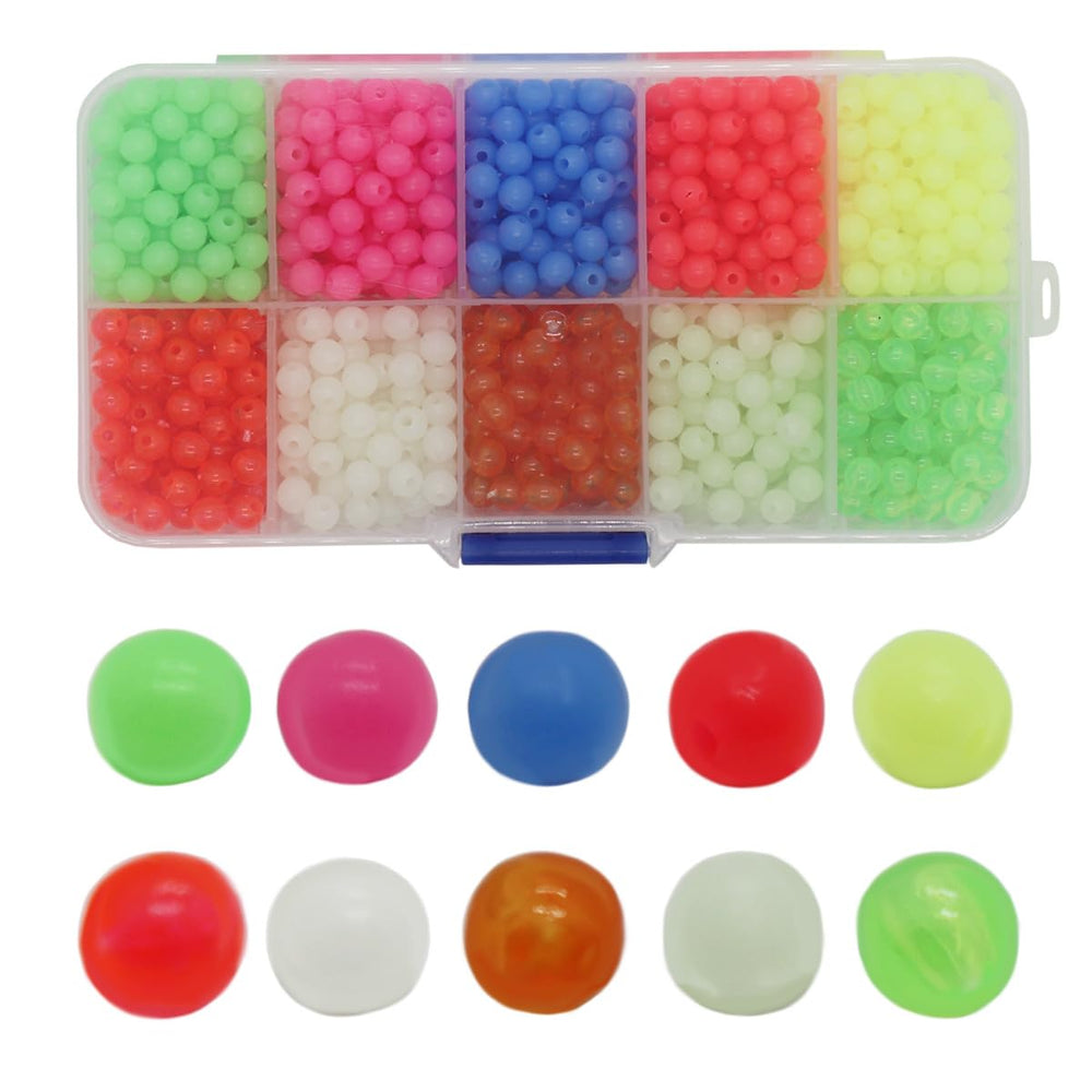 Close-up of glow-in-the-dark fishing beads in three colors