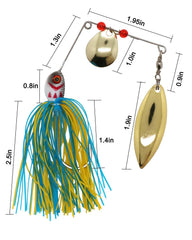 Assorted lures including soft baits, metal spoons, and frog lure in tackle box