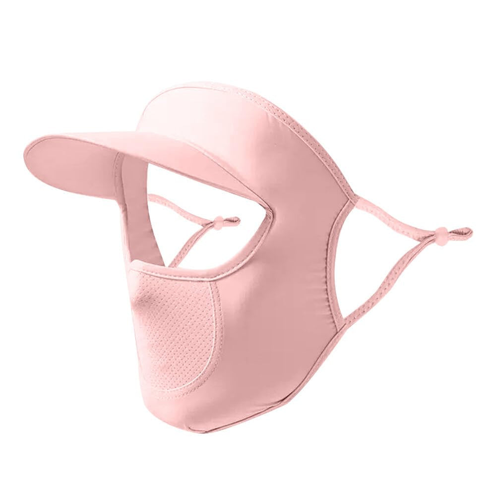 Surakey full face cover in pink shields the face from sun and wind.
