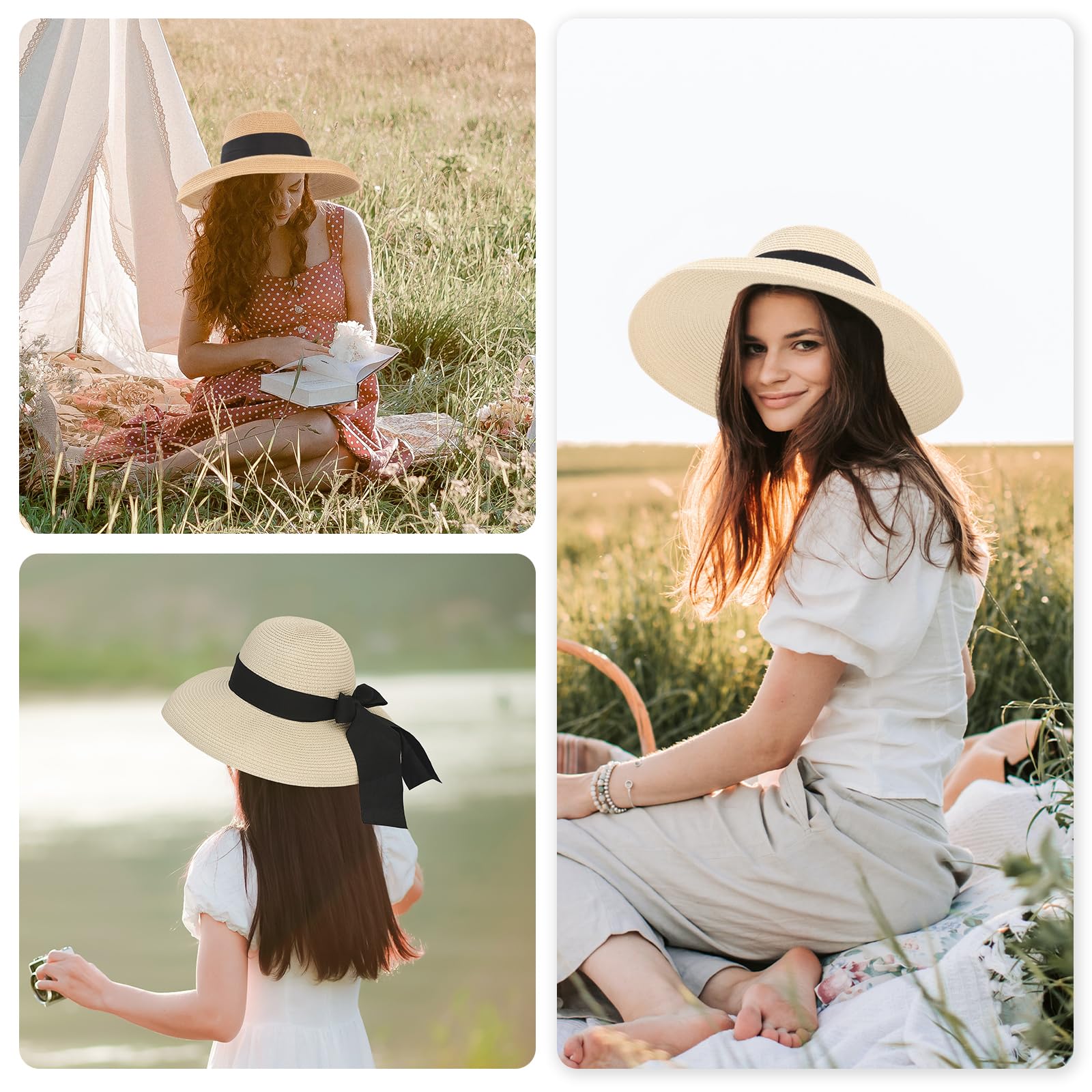 Surblue khaki straw hat complements dresses for chic summer outings.
