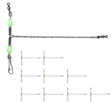 Surf fishing setup showing steel drop leader in saltwater