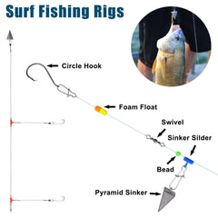 Close-up of pyramid sinkers, hooks and swivels