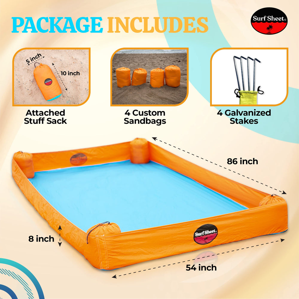 Surf Sheet beach setup with stakes and bags ensures stability on grass.