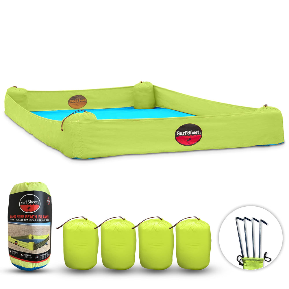Surf Sheet sandproof beach blanket with upright sides blocks sand and keeps gear clean.