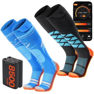 SURGOAL heated socks bundle packaging shows two-pair set for reliable all-day warmth on outdoor trips.