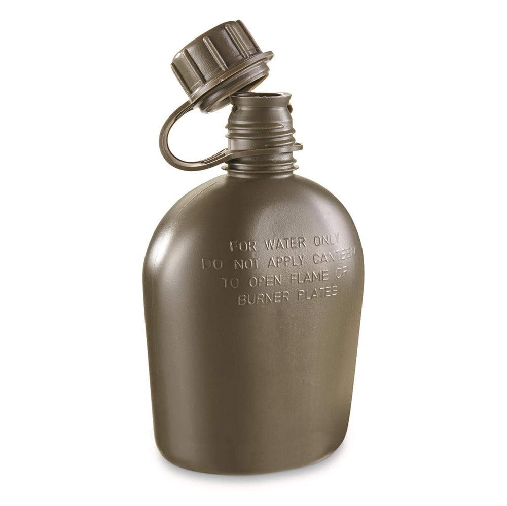 Surplus U.S. Military 1-Quart Canteen front view shows olive drab, easy-grip plastic