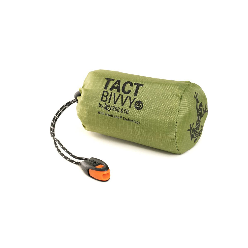 Survival Frog Tact Bivvy 2.0 compact HeatEcho sleeping bag for backpack portability and warmth.