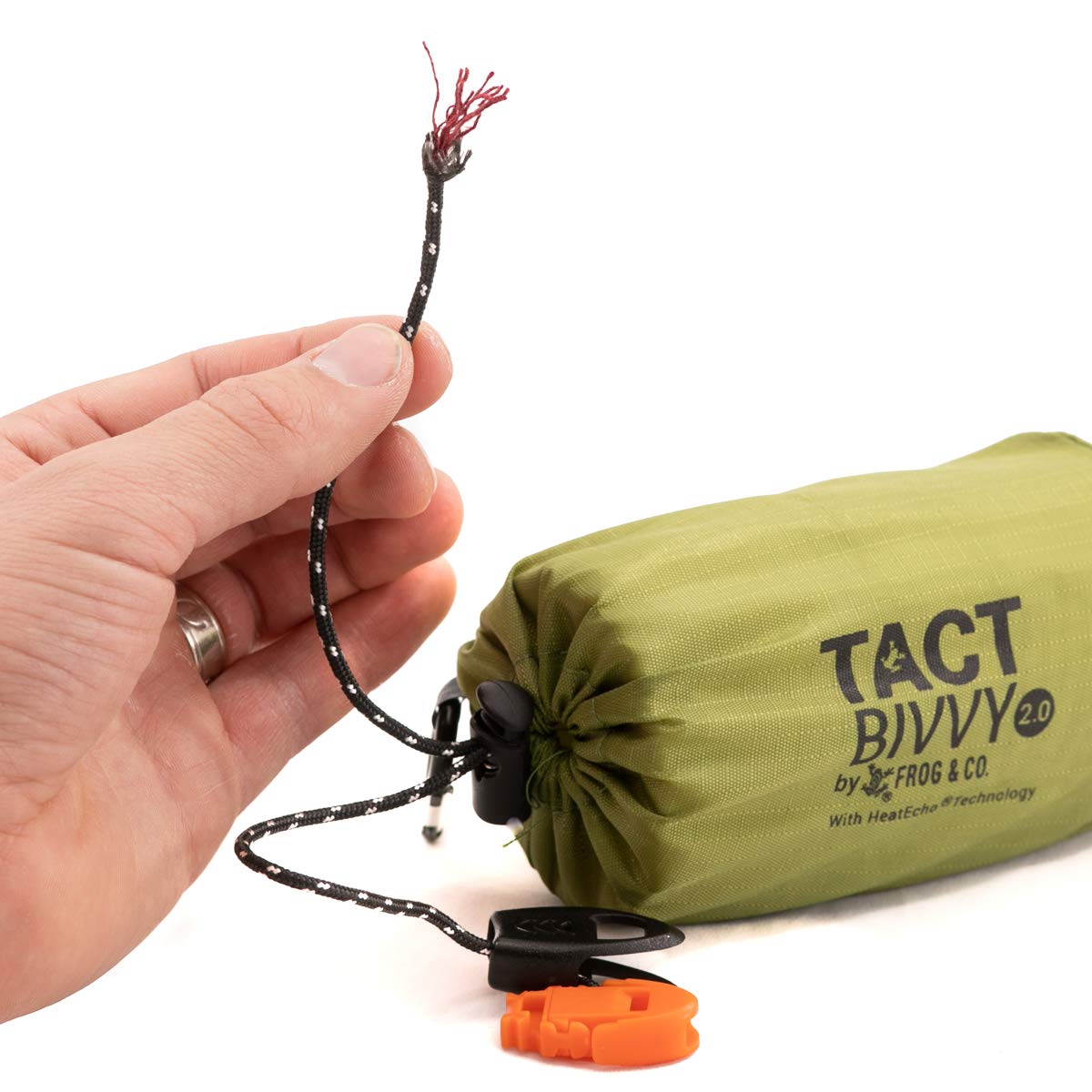 Survival Frog Tact Bivvy shows para-tinder paracord integrated into the drawstring.