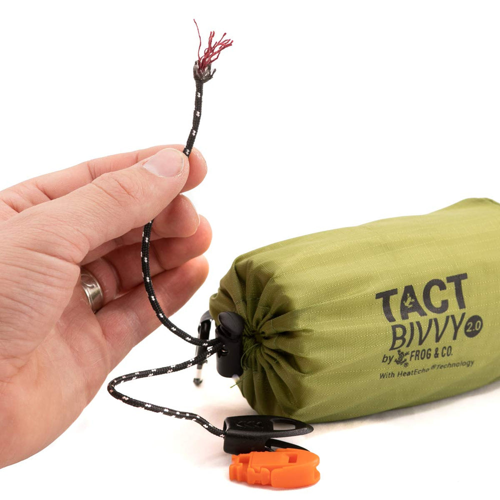 Survival Frog Tact Bivvy shows para-tinder paracord integrated into the drawstring.