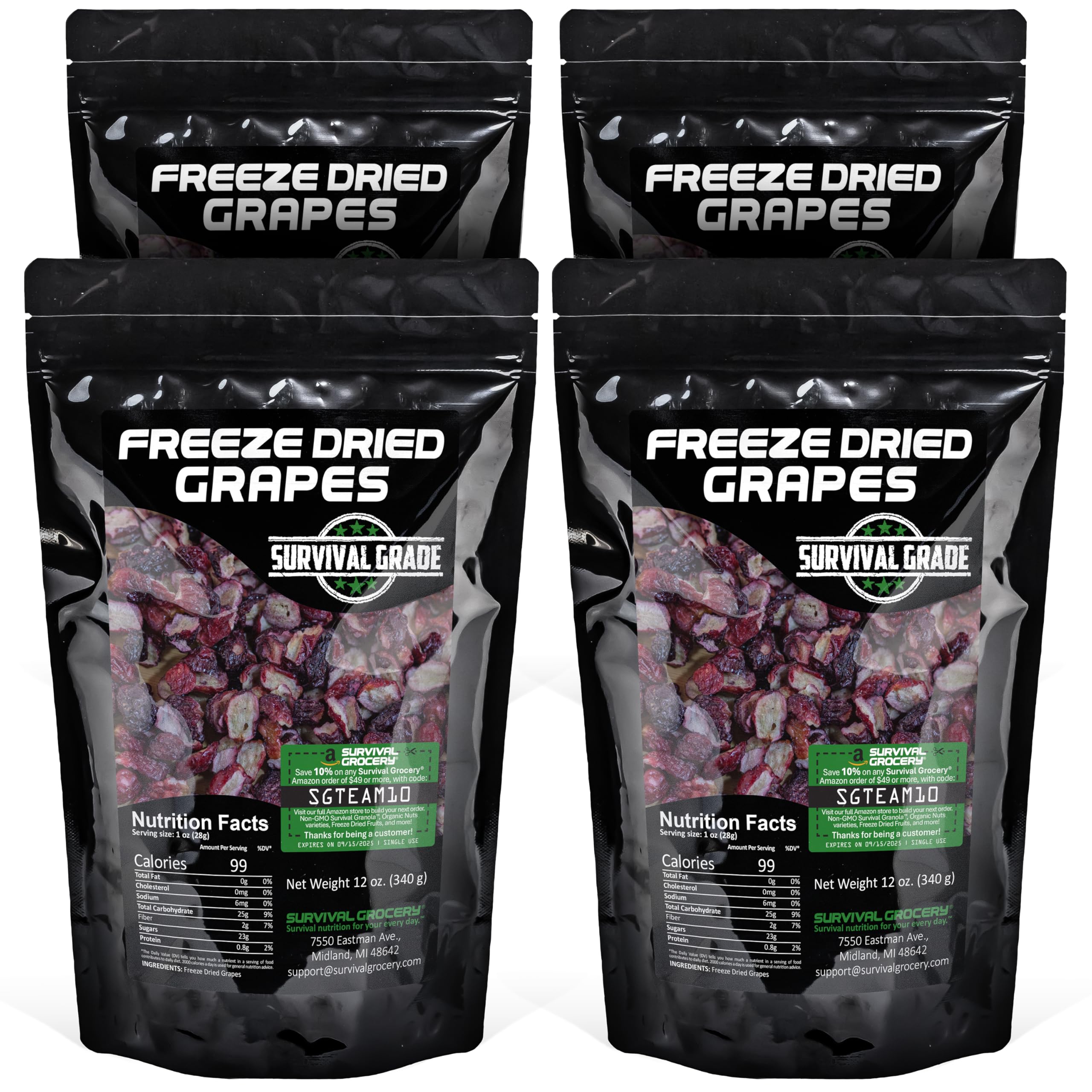Survival Grocery Freeze-Dried Grape Halves bag front, resealable for freshness
