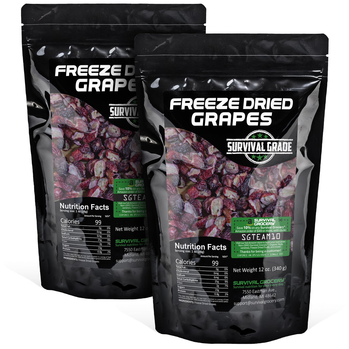 Survival Grocery freeze-dried grape halves in a resealable pouch for convenient snacking