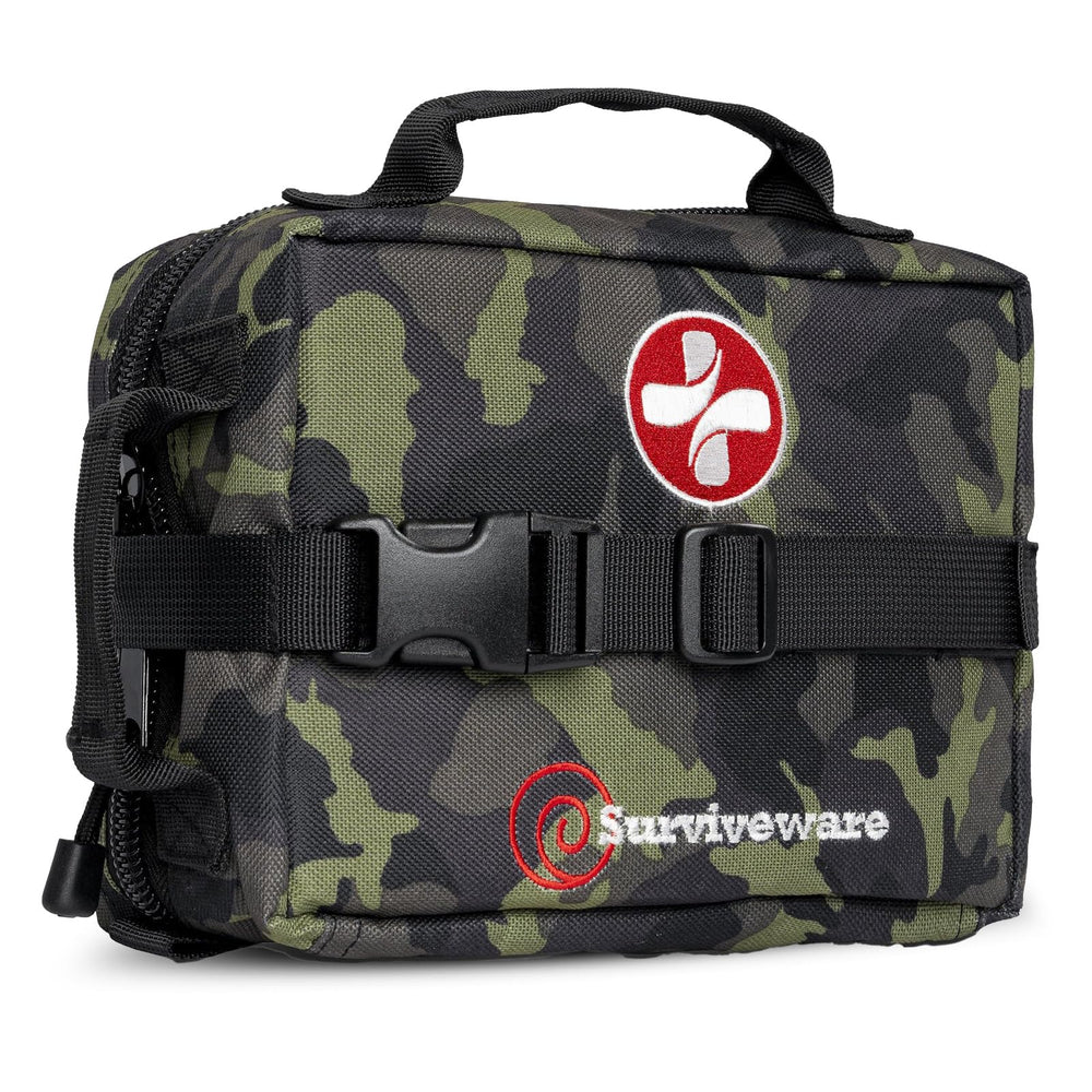 Surviveware 119-pcs kit organized compartments enable fast emergency retrieval.
