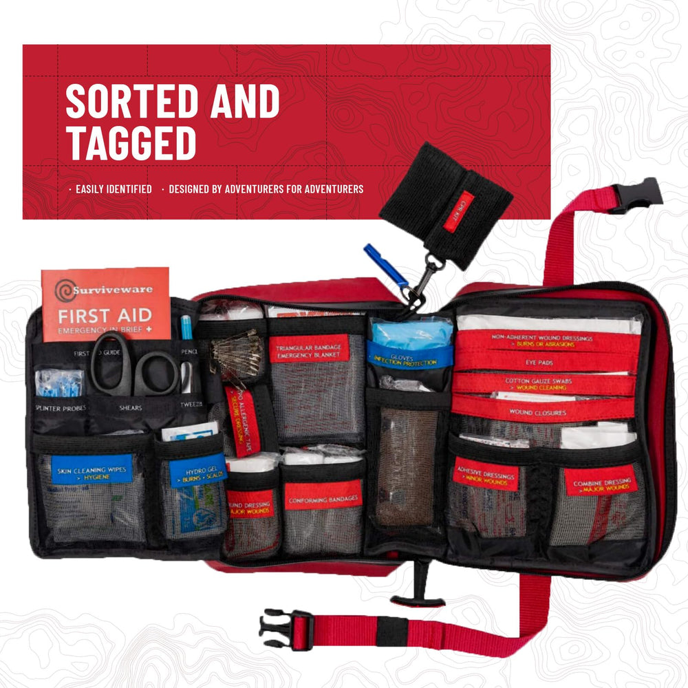Surviveware compact portable kit with MOLLE straps for backpack or belt carry.