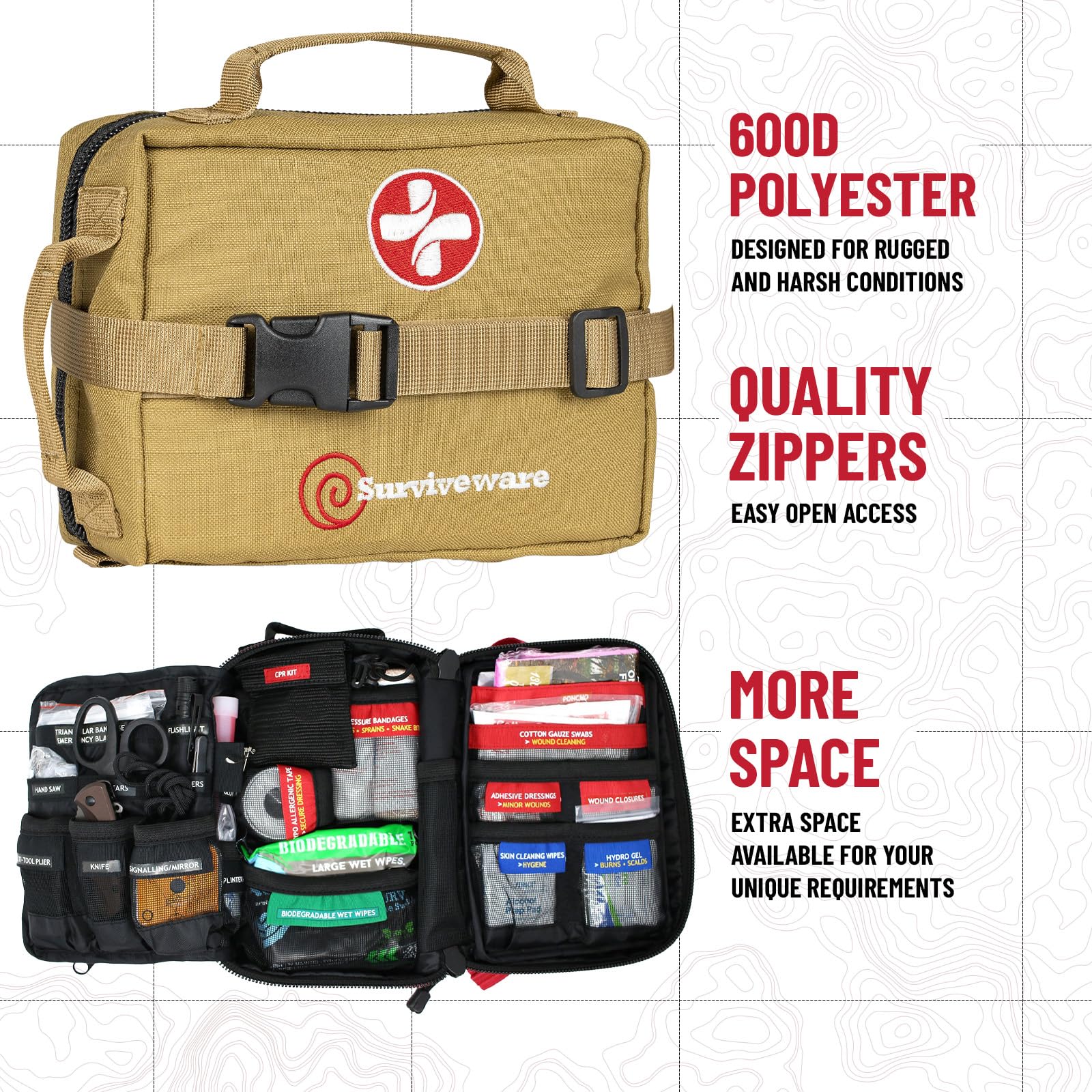Surviveware MOLLE-compatible attachment to pack or vehicle
