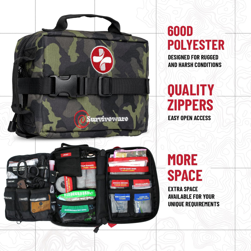 Surviveware MOLLE-compatible layout lets you attach the kit to backpacks or vehicles.