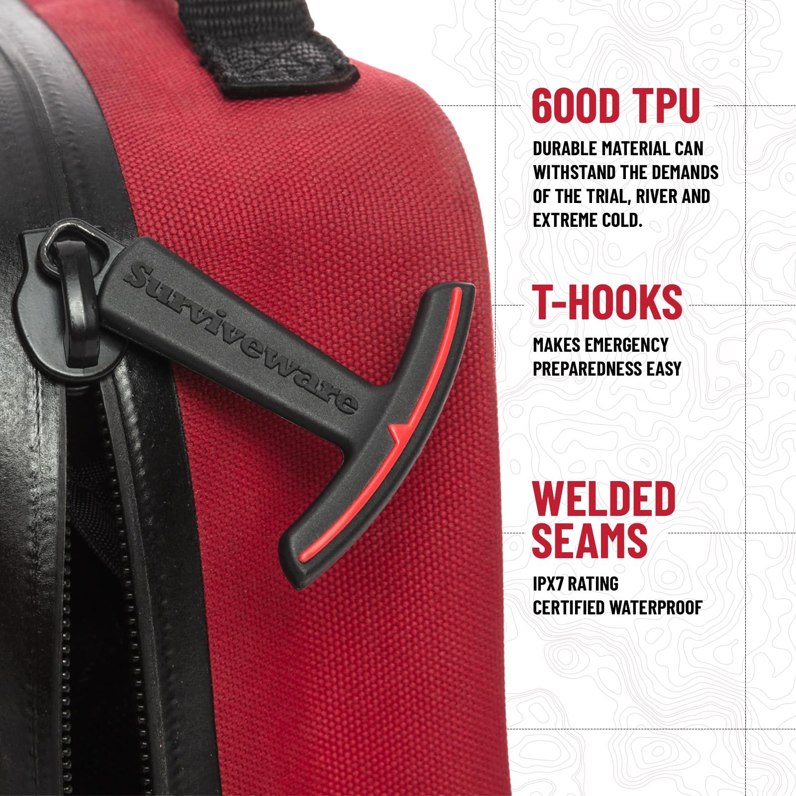 Surviveware watertight zippers prevent leaks in rain or spray