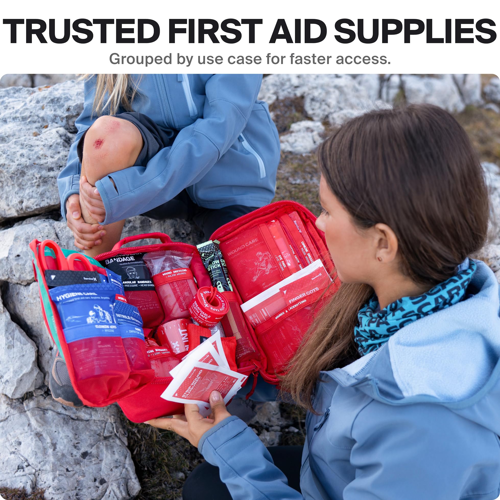 SurviveX large first-aid kit color-coded compartments speed up emergency response.
