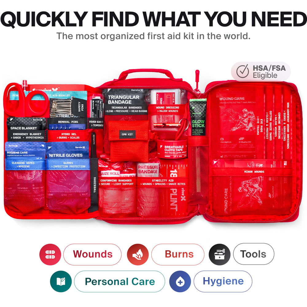 SurviveX large first-aid kit home organization with color-coded zones for fast response.