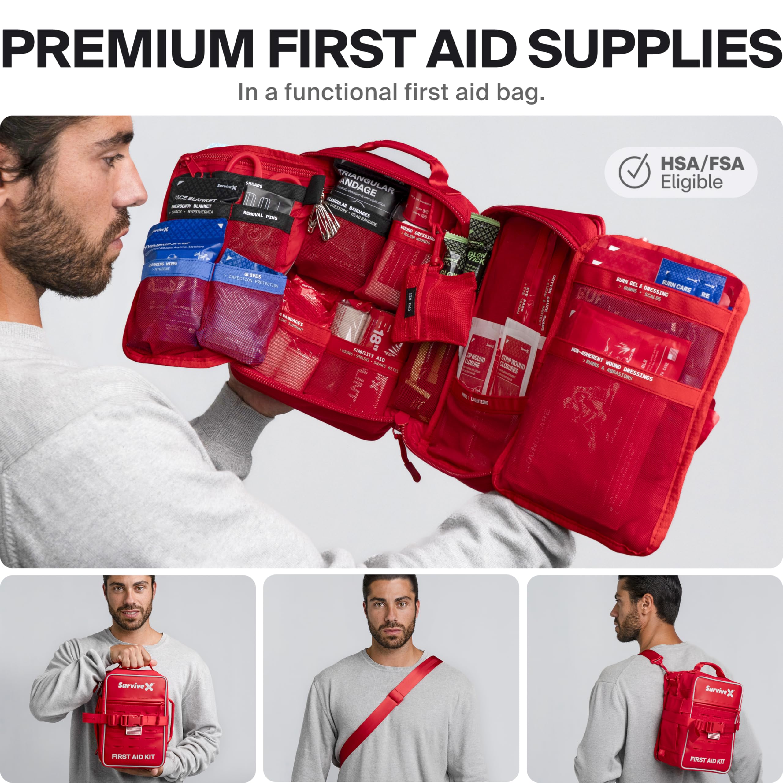SurviveX Large Pro emergency bandage included for heavy bleeding scenarios.