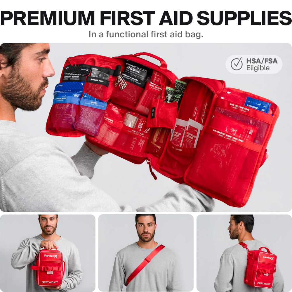 SurviveX Large Pro emergency bandage included for heavy bleeding scenarios.