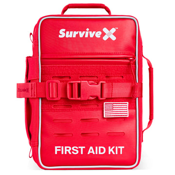 SurviveX Large Pro First Aid Kit front view for road-trip readiness.