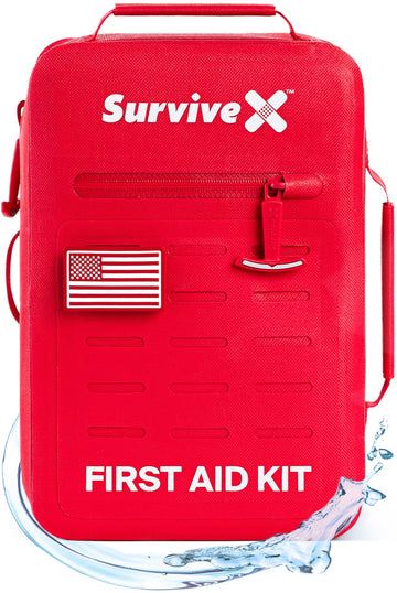 SurviveX large waterproof first aid kit with IPX7 zippers keeps contents dry in rain and immersion
