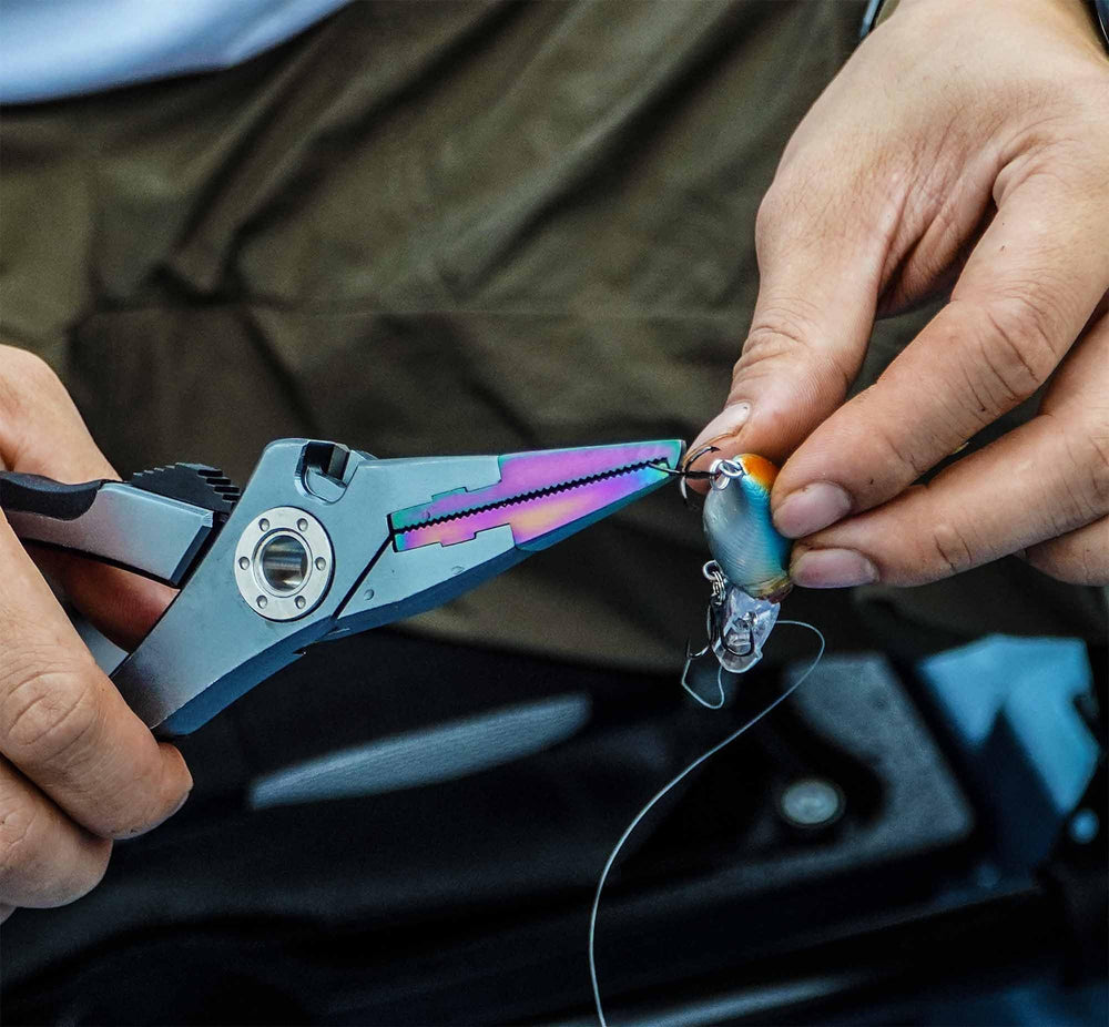 Close-up of titanium-coated SUS420 jaws on fishing pliers