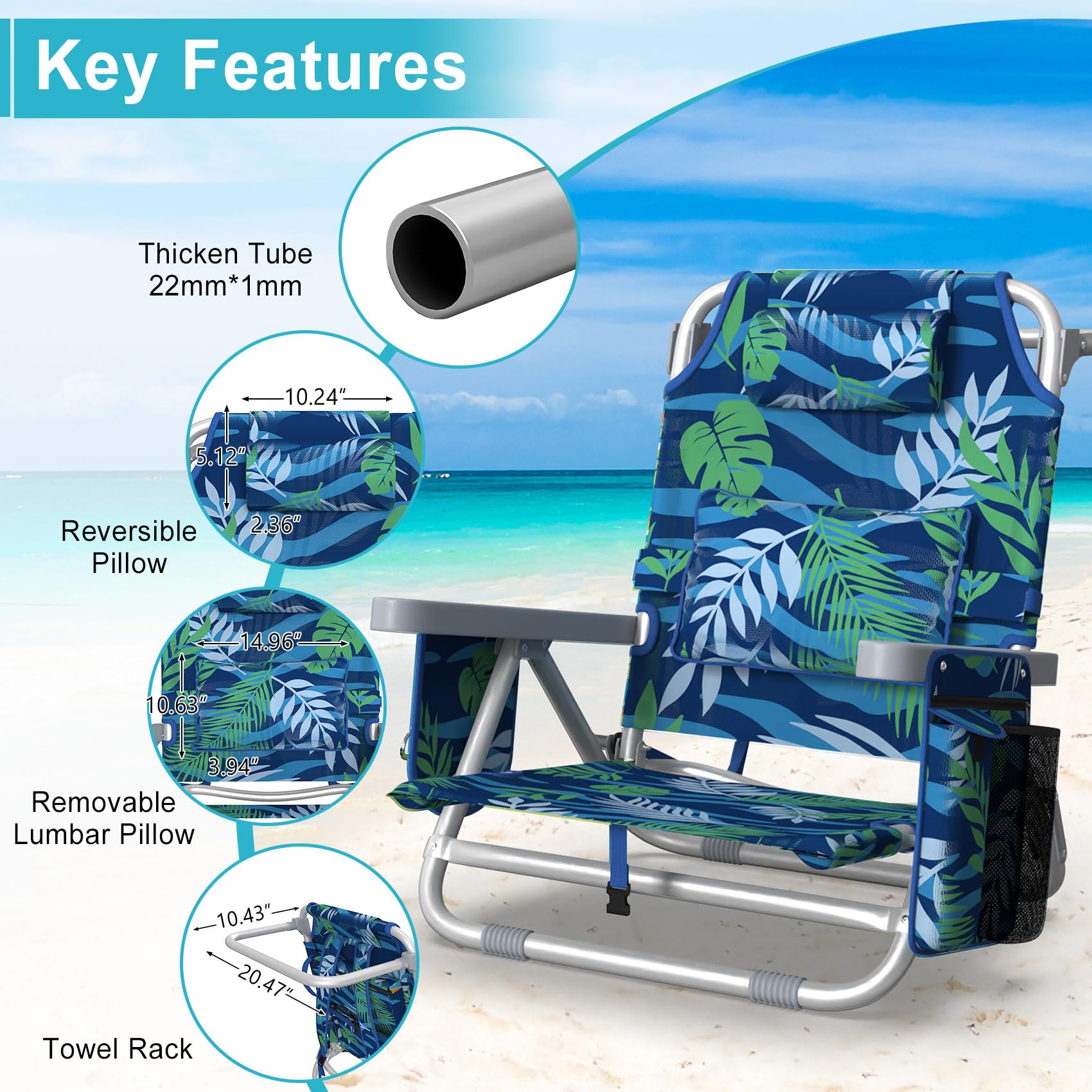 Suteck Beach Chair lumbar pillow supports back comfort during long days.